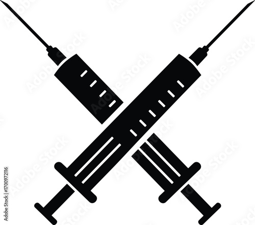 Crossed syringes silhouette vector, medical injection concept, vaccination or healthcare design, isolated black graphic for clinic and hospital use.