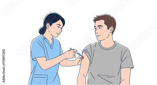 Medical professional administering vaccination to a young man in clinic for health and wellness through immunization process