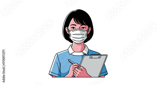 Medical professional in a mask taking notes on a clipboard for healthcare and safety protocols during a pandemic