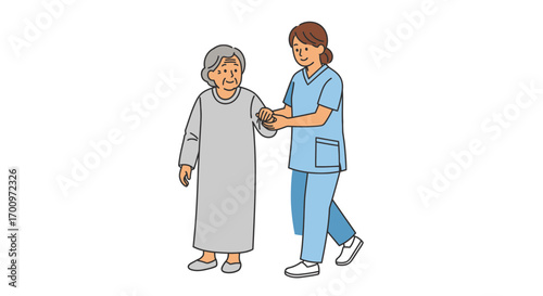 Nurse assisting elderly woman with walking, providing healthcare support and mobility assistance in illustration