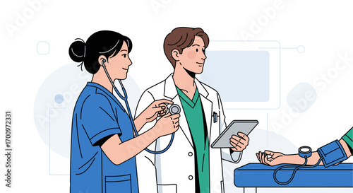 Nurse using stethoscope checking patient's blood pressure with doctor holding tablet standing nearby in clinic