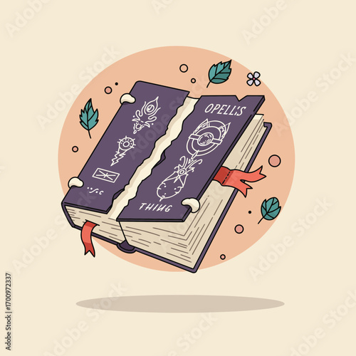 Open spellbook illustration with magical symbols and red bookmarks in a whimsical style illustration for book lovers