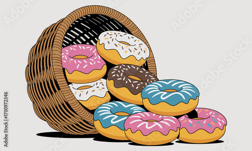 Overflowing basket of colorful donuts illustration, a sweet treat still life with various frosting and sprinkles design