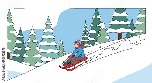 Person enjoying a sled ride downhill through a snowy forest landscape in winter season with evergreen trees and a bright blue sky