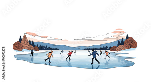 People enjoy ice skating on a frozen lake surrounded by winter landscape and mountains illustration, vector art