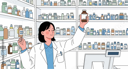 Pharmacist checking medication in drugstore with shelves full of medicine bottles and a modern cash register system in a clean environment