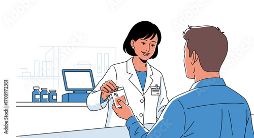 Pharmacist handing prescription medication to a patient at a pharmacy counter with a friendly smile illustration