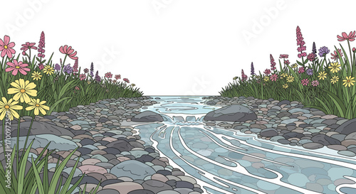 Serene river flows gently through a rocky bed, bordered by vibrant wildflowers and lush green grasses, creating a peaceful nature scene