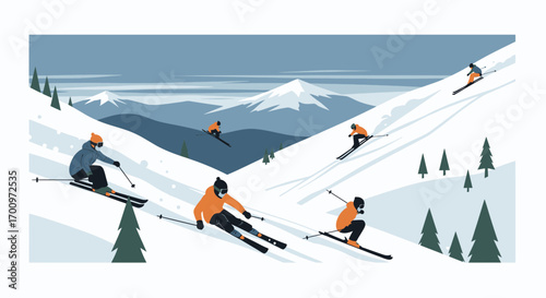 Skiers enjoying winter sports on snowy mountain slopes with majestic mountain range background under cloudy sky
