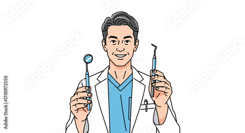 Smiling dentist in lab coat holding dental mirror and probe in a friendly professional pose