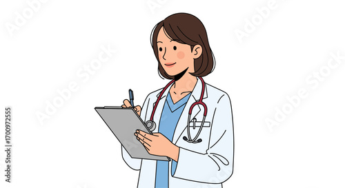 Smiling female doctor in lab coat writing on clipboard with pen, wearing stethoscope around her neck in a medical setting