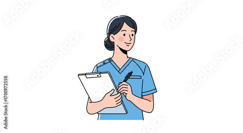 Smiling nurse with dark hair holds a clipboard and pen while looking thoughtfully to the side in a medical setting