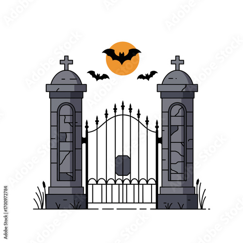 Spooky graveyard gate with bats flying under the moon in a Halloween scene vector illustration