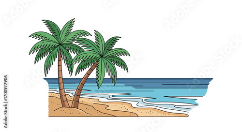 Tropical beach scene with palm trees, golden sand, and gentle ocean waves in a tranquil coastal illustration