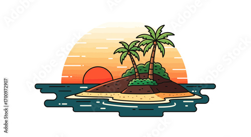 Tropical island paradise illustration with palm trees, sunset, and ocean waves, perfect for vacation and travel themes