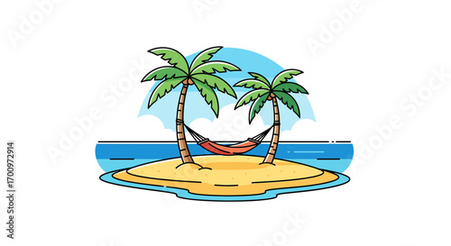 Tropical island with palm trees and hammock offering a serene getaway illustration vector, perfect for summer travel and relaxation themes