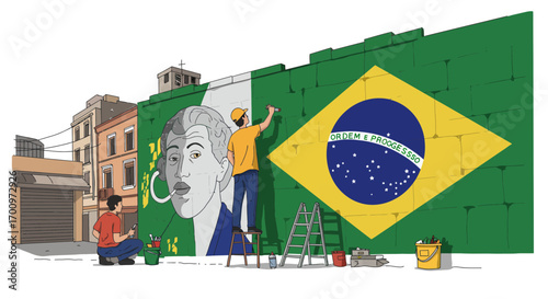 Two artists painting a mural with the flag of Brazil and a portrait on a brick wall in a street scene
