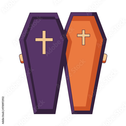 Two Halloween coffins standing side by side with crosses on a white background perfect for spooky season designs