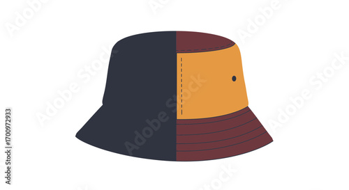 Two-toned bucket hat vector illustration with one side dark blue and the other side yellow and brown