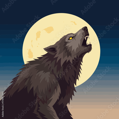 Vector illustration of a howling wolf against a full moon in the night sky creating a wildlife scene