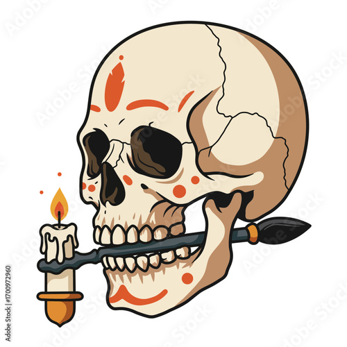 Vector illustration of a skull holding a candle and paintbrush in its mouth with decorative orange spots, portraying artistic macabre