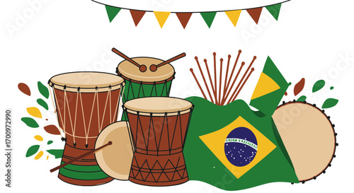 Vibrant Brazil themed illustration featuring traditional drums, Brazilian flag and festive bunting banner decoration