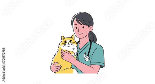 Veterinarian holding a fluffy cat in her arms with a stethoscope around her neck in a medical clinic