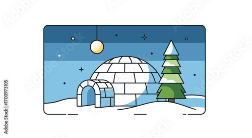 Winter landscape illustration featuring an igloo, snow-covered ground, and a pine tree under a starry night sky with a moon