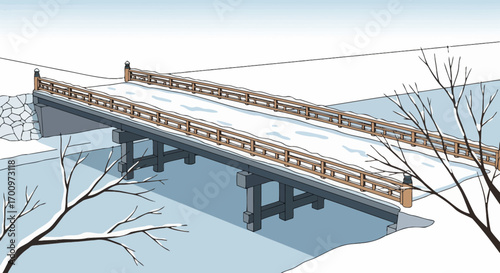 Winter landscape illustration showcasing a snow covered bridge over a body of water, evoking a serene and tranquil scene