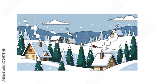 Winter wonderland landscape with cozy cottages, snow-covered trees, and gentle snowfall in a peaceful scene