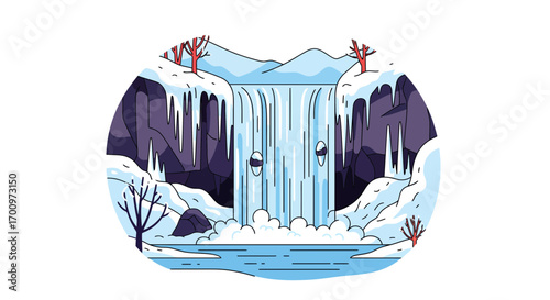 Winter waterfall landscape illustration with snowy rocks, icicles, and bare trees in a circular design
