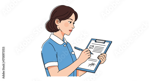 Young female nurse in blue uniform filling out medical form with pen on clipboard, showcasing healthcare professionalism and attention to detail in a clinical setting