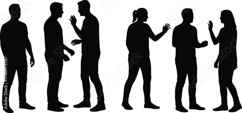 Group argument, people standing, disagreement, discussion, conflict, gesturing, conversation, silhouette, heated debate, communication, tension, verbal exchange, 