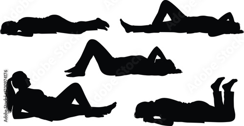 People lying down silhouettes, resting poses, relaxed body positions, silhouette art, leisure postures, peaceful lying figures, silhouette collection