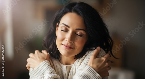 Self-Care Ritual: A woman embracing herself, finding comfort and peace in solitude indoors