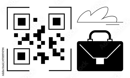 QR code alongside a briefcase and cloud, symbolizing technology, business, and innovation. Ideal for digital marketing, remote work, cloud services, entrepreneurship, e-commerce networking seamless