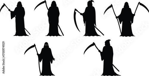 Set of Grim Reaper Silhouettes with Scythe, Death Figure in Hooded Cloak, Horror Icon, Halloween Character, Dark Fantasy Concept