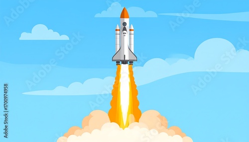 A vibrant illustration of a space shuttle launching into a clear, vibrant blue sky, showcasing powerful thrust and a sense of adventure.