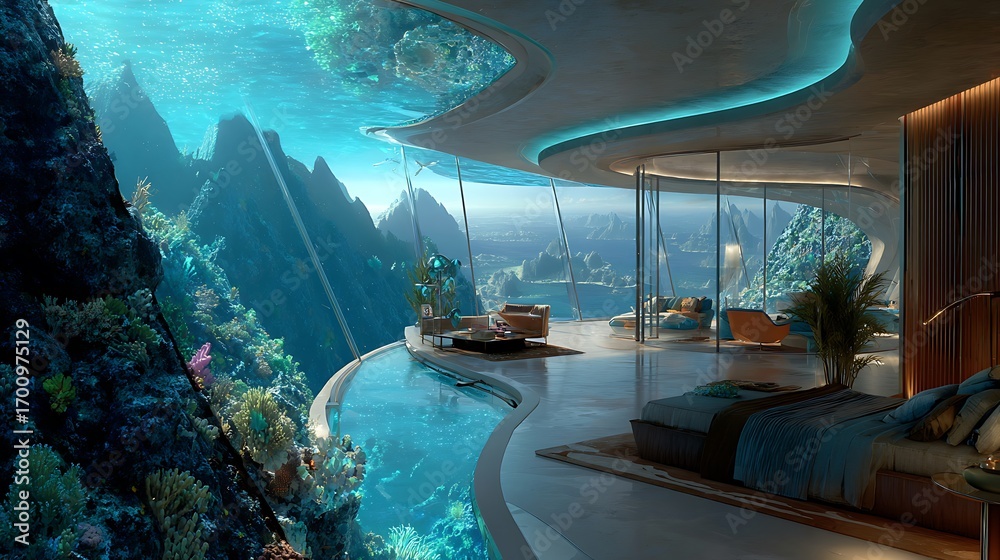 Fototapeta premium Stunning underwater modern luxury home with ocean views