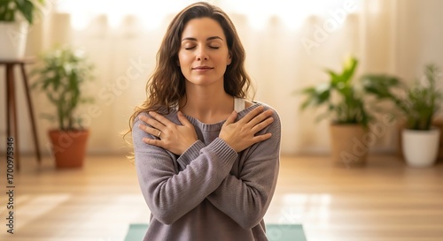 Serene meditation moment: Woman embracing herself in a peaceful home interior with sunlight