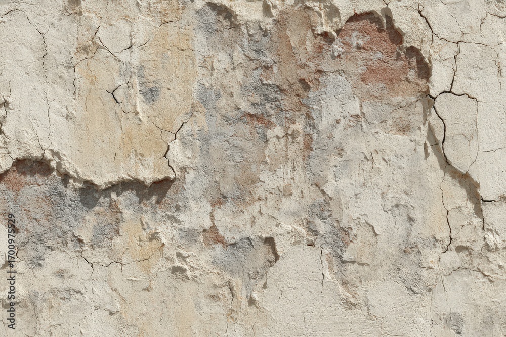 Fototapeta premium A weathered, light beige plaster wall displays deep, intricate cracks and remnants of faded paint.