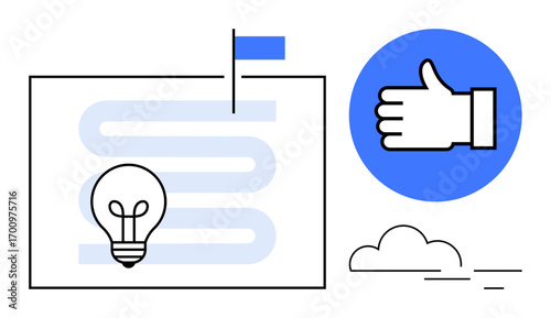 Business roadmap with light bulb, flag, and thumbs-up. Ideal for planning, strategy, innovation, success, goal setting, motivation and vision for a clean simple landing page