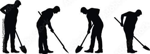 Silhouette of Man Digging with Shovel, Male Worker Performing Manual Labor, Construction or Farming Activity, Physical Work, Outdoor Job Concept
