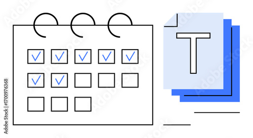 Calendar with checkmarked tasks and stacked papers representing organization, time management, and productivity. Ideal for scheduling, workflow, planning, deadlines, project management, and a simple