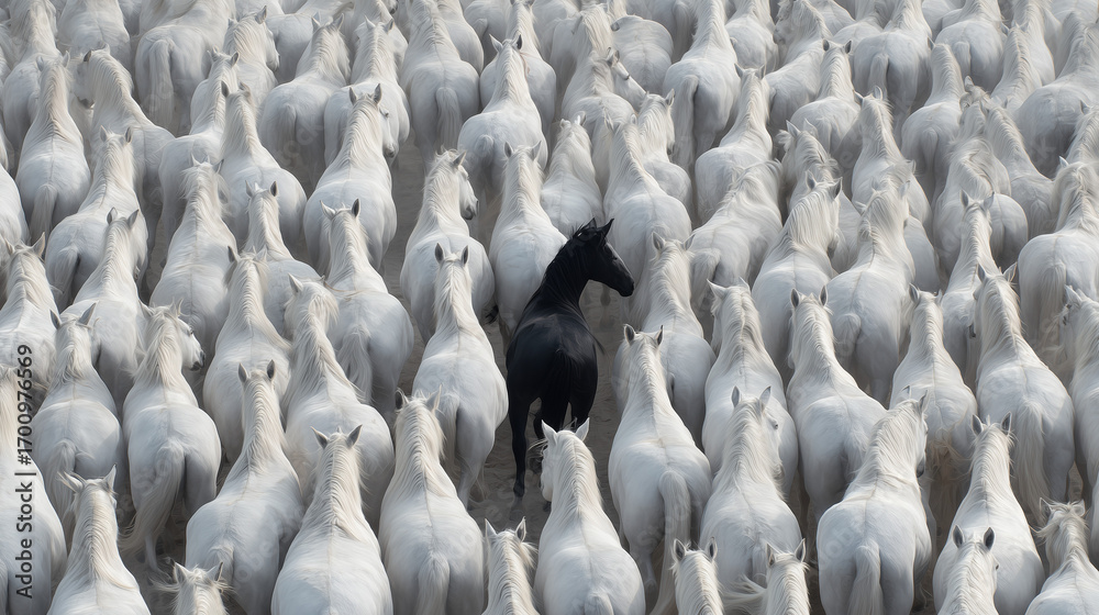 Obraz premium Black horse standing among a herd of white horses in contrast 
