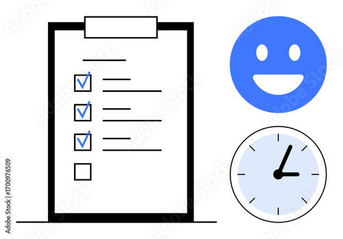 Clipboard checklist with checked tasks, blue happy face, and clock showing productive workflow. Ideal for task management, efficiency, organization, planning, punctuality, motivation simple landing