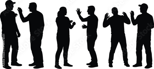 Silhouettes of People Talking and Gesturing, Group Conversation, Communication, Discussion, Interaction, Black Vector People Silhouette Clipart