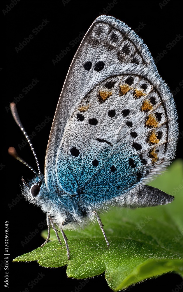 Naklejka premium Close-up of a vibrant blue and gray butterfly perched delicately on a fresh green leaf against a dark background, showcasing intricate wing patterns and delicate textures.