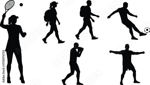 Sports and Fitness Silhouette Vector, Athletes Playing Tennis, Soccer, Boxing, Hiking and Training, Black Workout and Game Icons