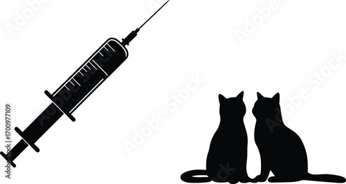 Syringe and two cats silhouette vector illustration, perfect for veterinary, medical, pet care, animal health, vaccination, and veterinary clinic designs.